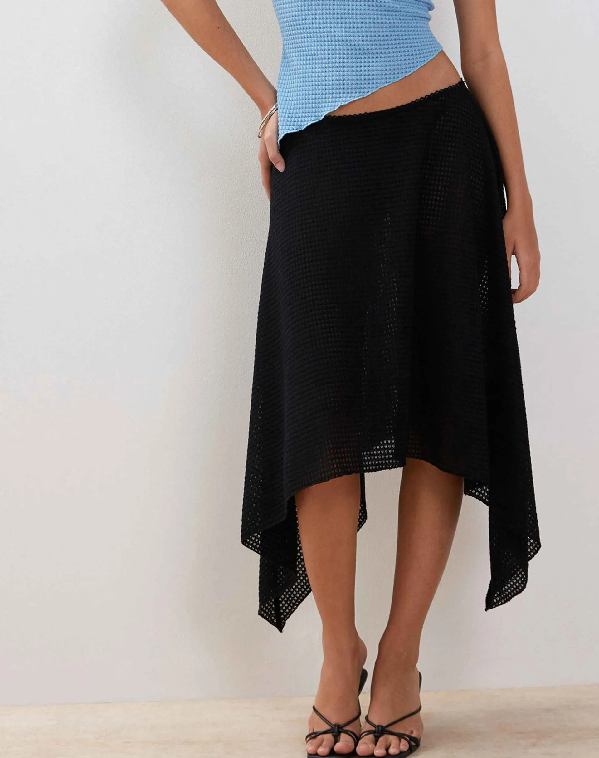 Motel Rocks Midi Skirts-Tullia Asymmetric Midi Skirt in Black Crochet