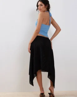 Motel Rocks Midi Skirts-Tullia Asymmetric Midi Skirt in Black Crochet