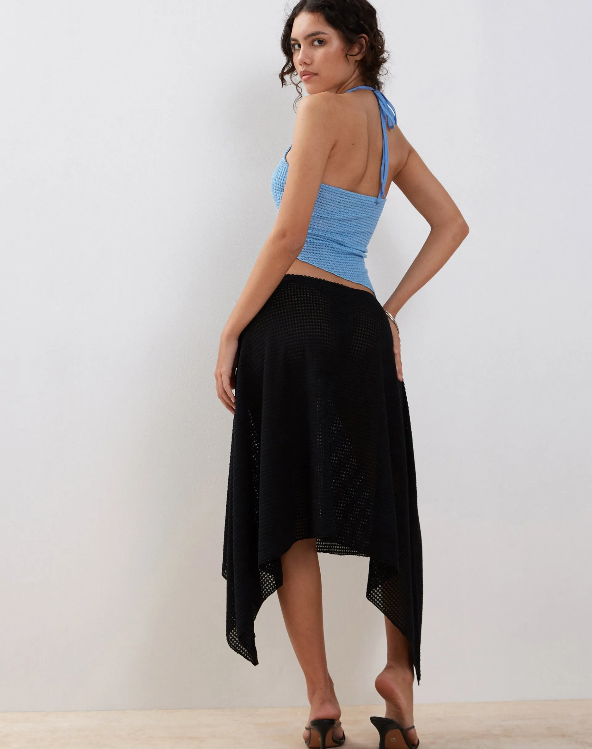 Motel Rocks Midi Skirts-Tullia Asymmetric Midi Skirt in Black Crochet