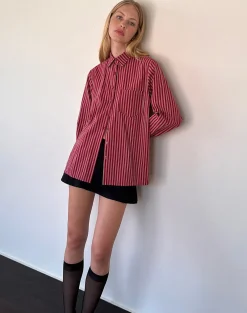 Motel Rocks Shirts And Blouses | Printed Tops-Turner Oversized Shirt in Maroon Stripe maroonstripe
