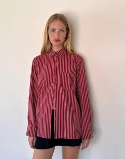 Motel Rocks Shirts And Blouses | Printed Tops-Turner Oversized Shirt in Maroon Stripe maroonstripe