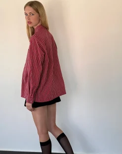 Motel Rocks Shirts And Blouses | Printed Tops-Turner Oversized Shirt in Maroon Stripe maroonstripe