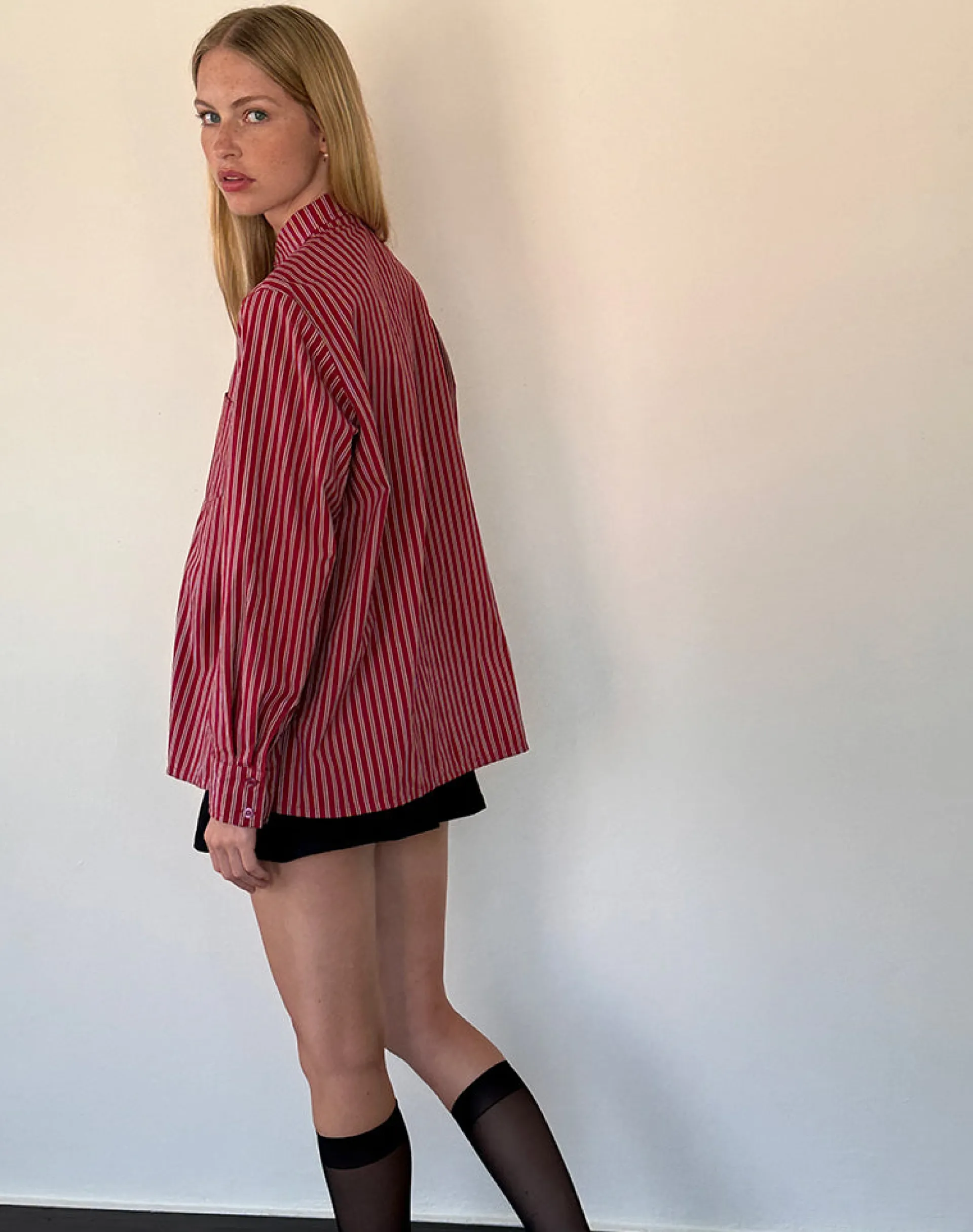 Motel Rocks Shirts And Blouses | Printed Tops-Turner Oversized Shirt in Maroon Stripe maroonstripe