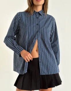 Motel Rocks Tailoring | Shirts And Blouses-Turner Shirt in Dark Blue Indigo Stripe DarkBlueIndigoStripe