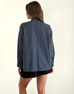 Motel Rocks Tailoring | Shirts And Blouses-Turner Shirt in Dark Blue Indigo Stripe DarkBlueIndigoStripe