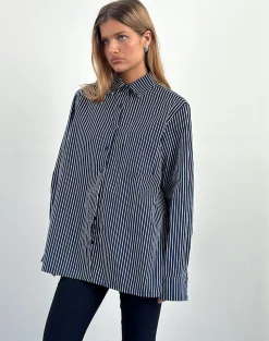 Motel Rocks Shirts And Blouses | Printed Tops-Turner Shirt in Mono Stripe Navy MonoStripeNavy