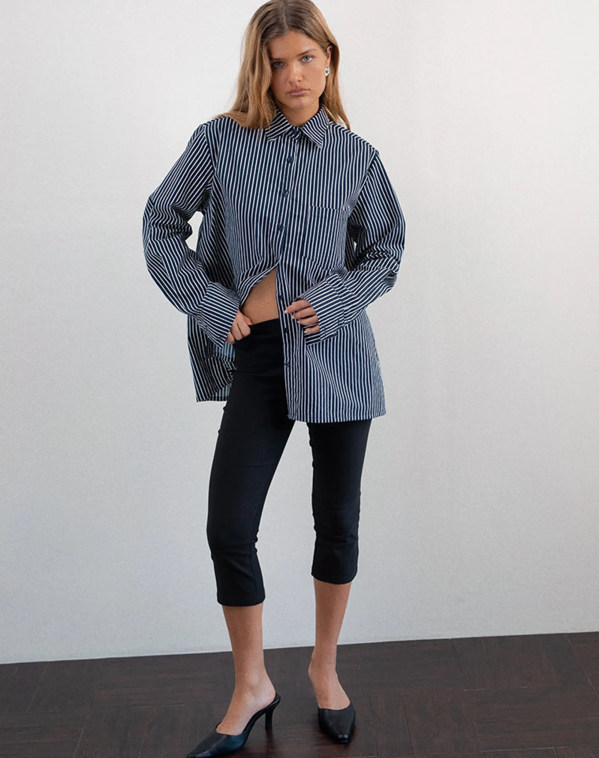 Motel Rocks Shirts And Blouses | Printed Tops-Turner Shirt in Mono Stripe Navy MonoStripeNavy