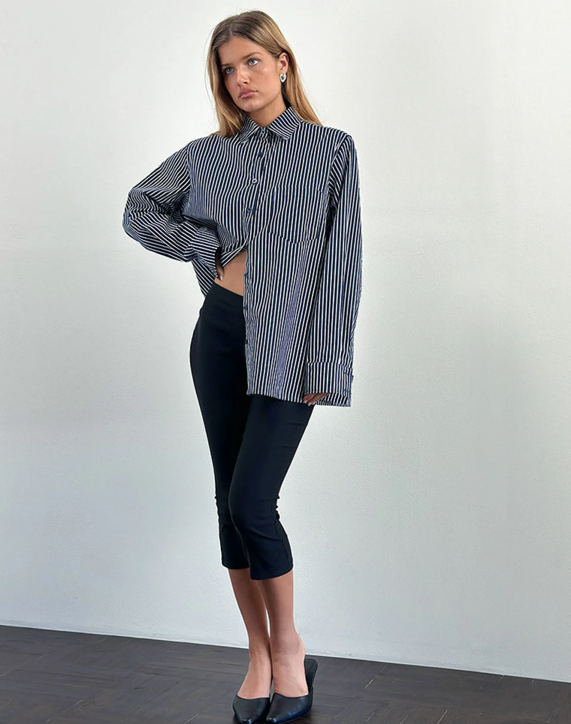 Motel Rocks Shirts And Blouses | Printed Tops-Turner Shirt in Mono Stripe Navy MonoStripeNavy