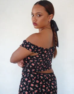 Motel Rocks Printed Tops-Uhuy Bardot Crop Top in Flowing Rose Black