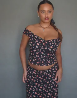 Motel Rocks Printed Tops-Uhuy Bardot Crop Top in Flowing Rose Black