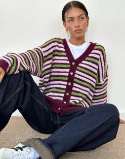 Motel Rocks Cardigans-Uriela Cardigan in Green Pink and Burgundy Stripes GreenPinkandBurgundyStripes