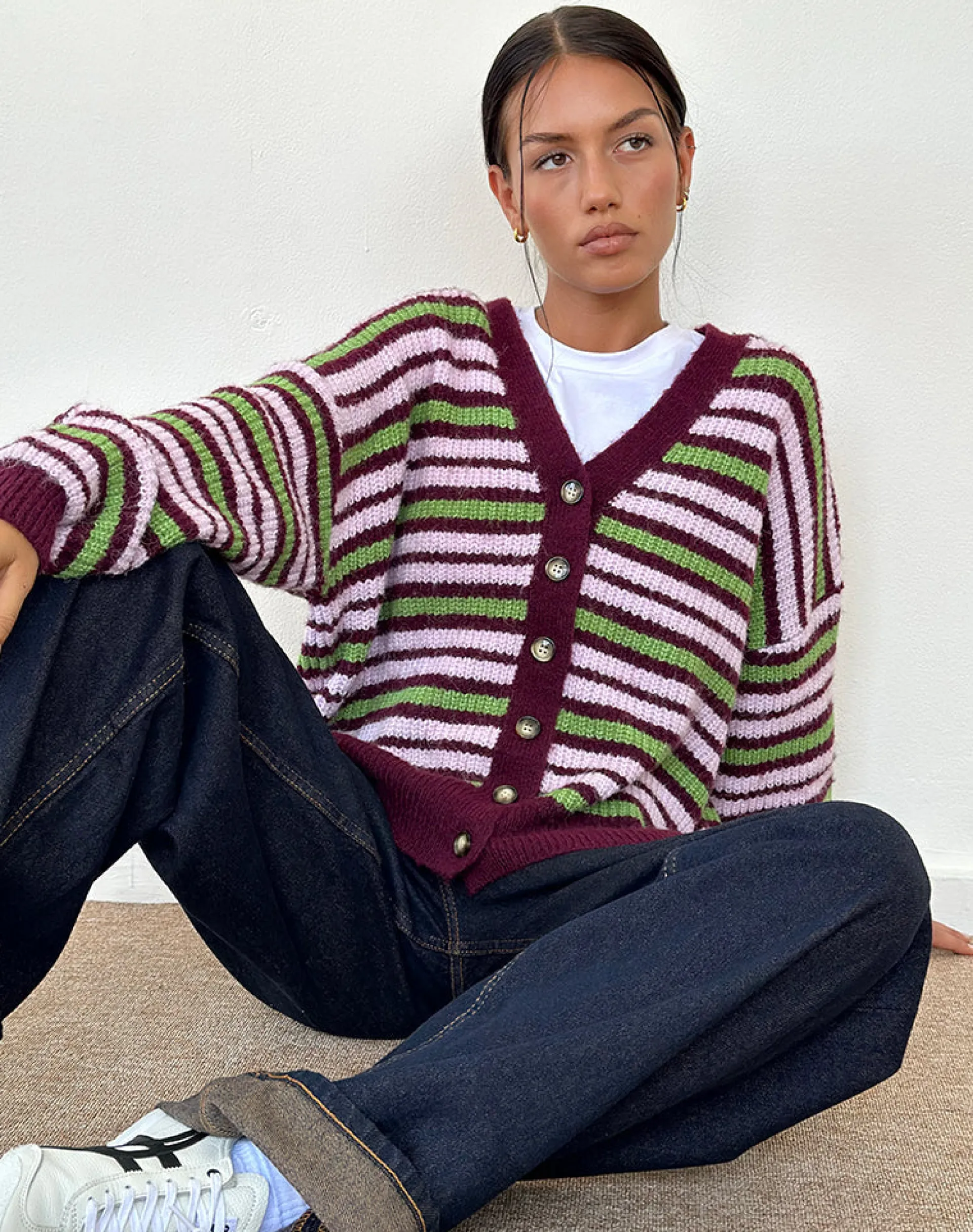 Motel Rocks Cardigans-Uriela Cardigan in Green Pink and Burgundy Stripes GreenPinkandBurgundyStripes