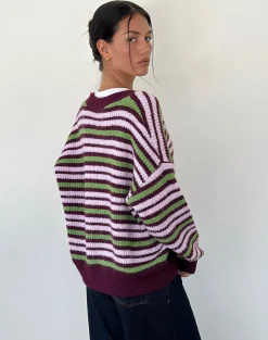 Motel Rocks Cardigans-Uriela Cardigan in Green Pink and Burgundy Stripes GreenPinkandBurgundyStripes