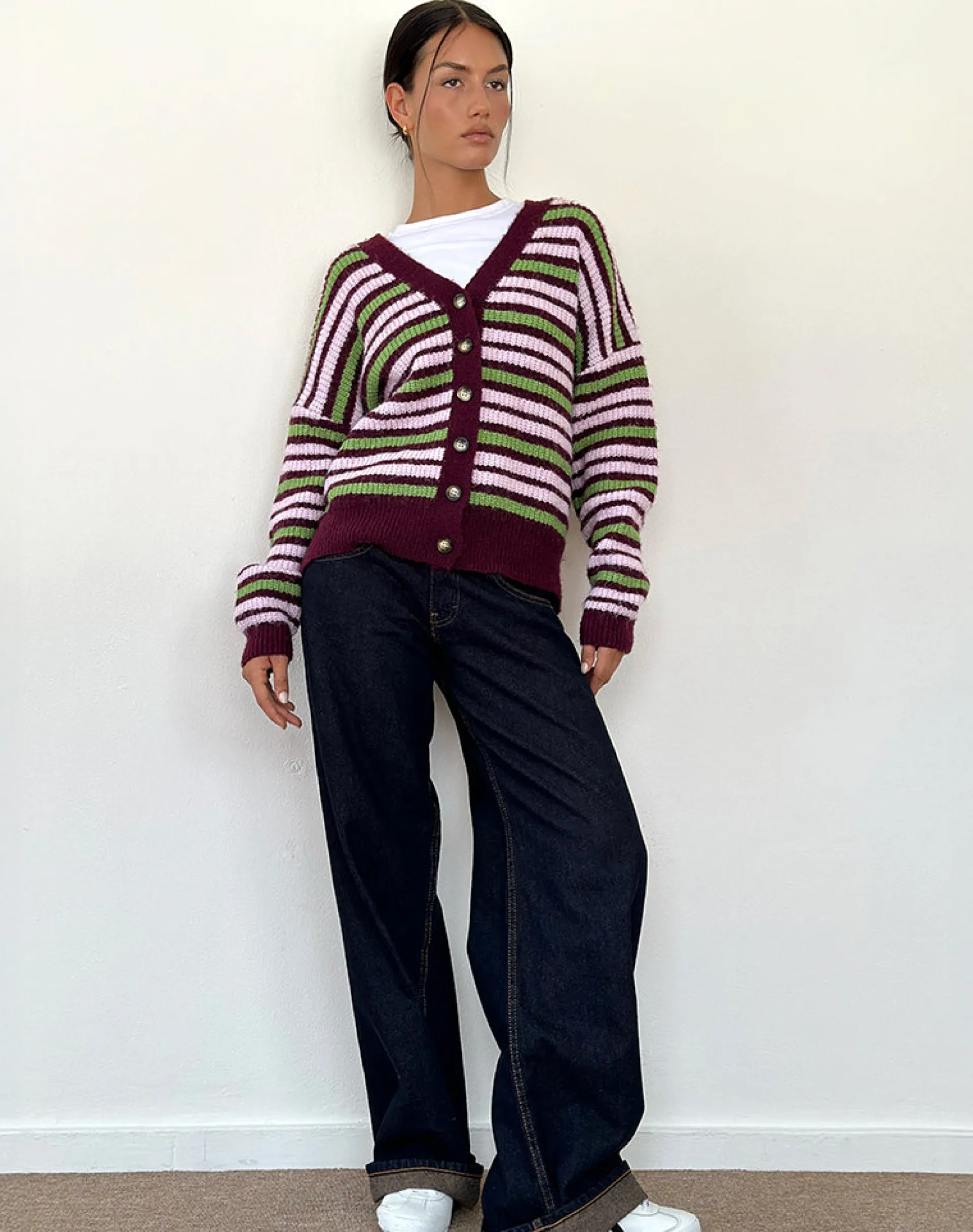 Motel Rocks Cardigans-Uriela Cardigan in Green Pink and Burgundy Stripes GreenPinkandBurgundyStripes