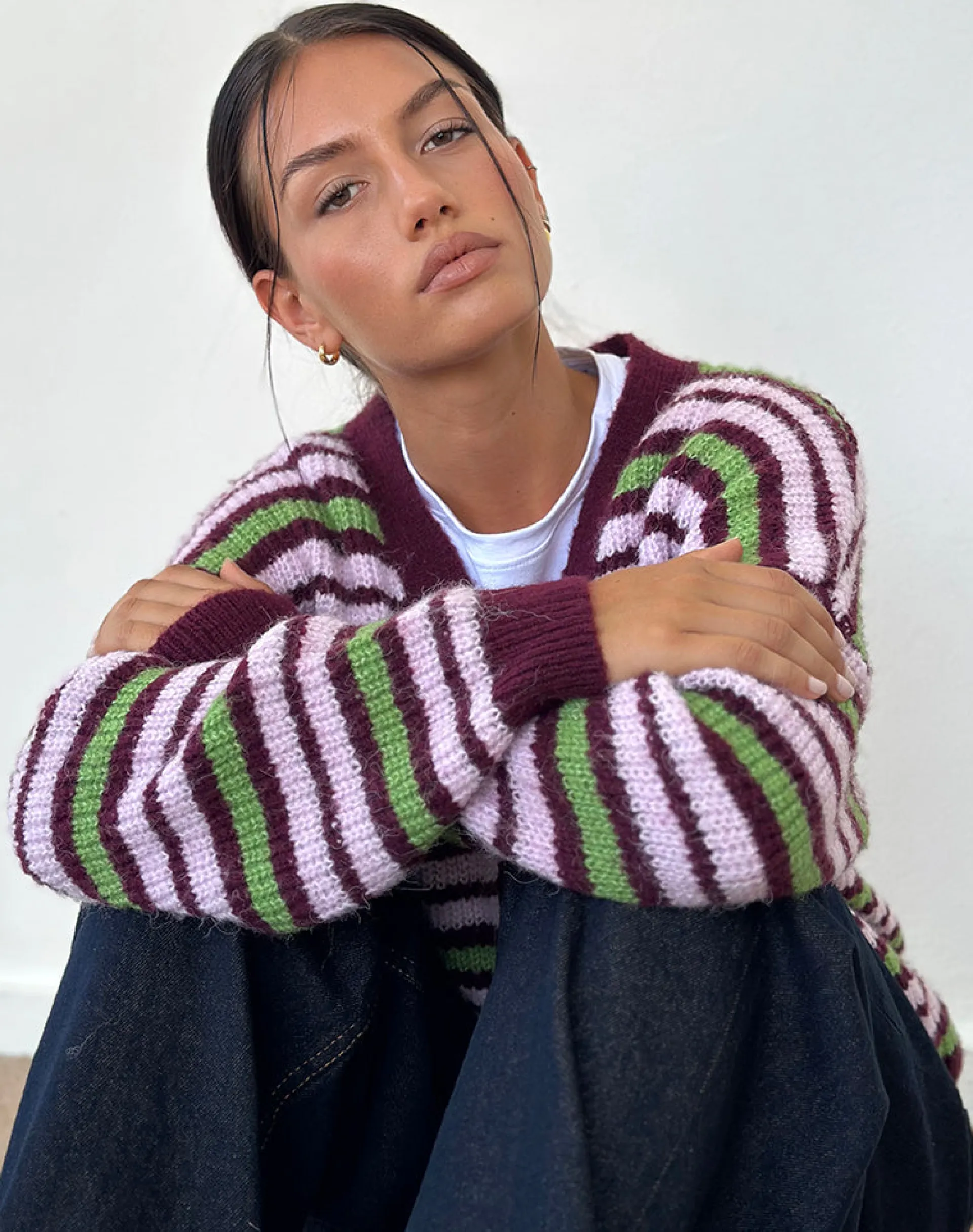 Motel Rocks Cardigans-Uriela Cardigan in Green Pink and Burgundy Stripes GreenPinkandBurgundyStripes