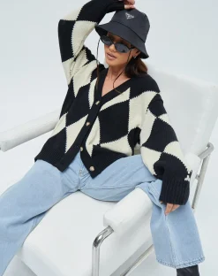 Motel Rocks Cardigans-Uriela Cardigan in Harlequin Black and Off White HarlequinBlackandOffWhite
