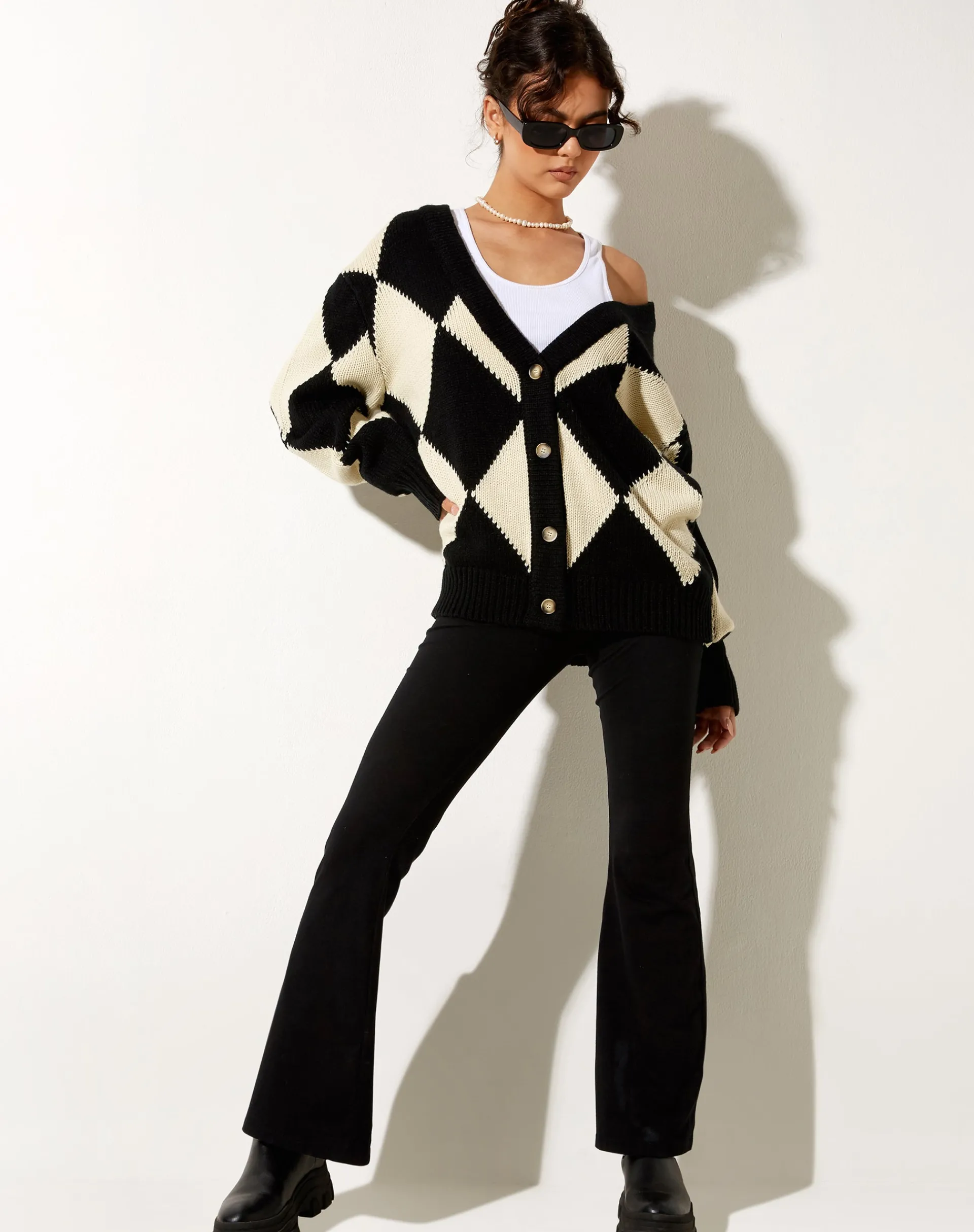 Motel Rocks Cardigans-Uriela Cardigan in Harlequin Black and Off White HarlequinBlackandOffWhite