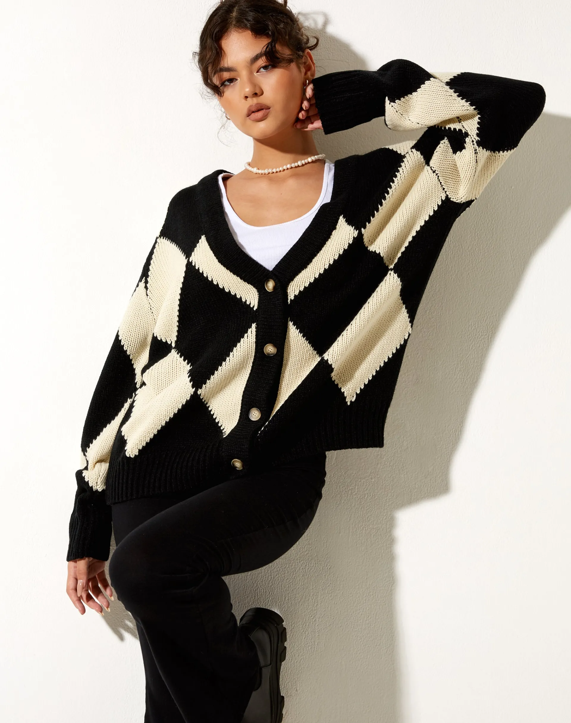 Motel Rocks Cardigans-Uriela Cardigan in Harlequin Black and Off White HarlequinBlackandOffWhite