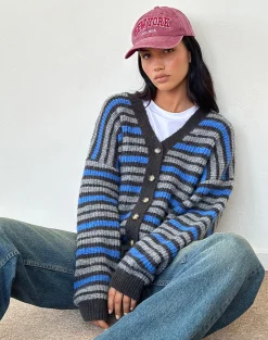 Motel Rocks Cardigans-Uriela Cardigan in Light Grey and Blue Grey Stripe LightGreyandBlueGreyStripe