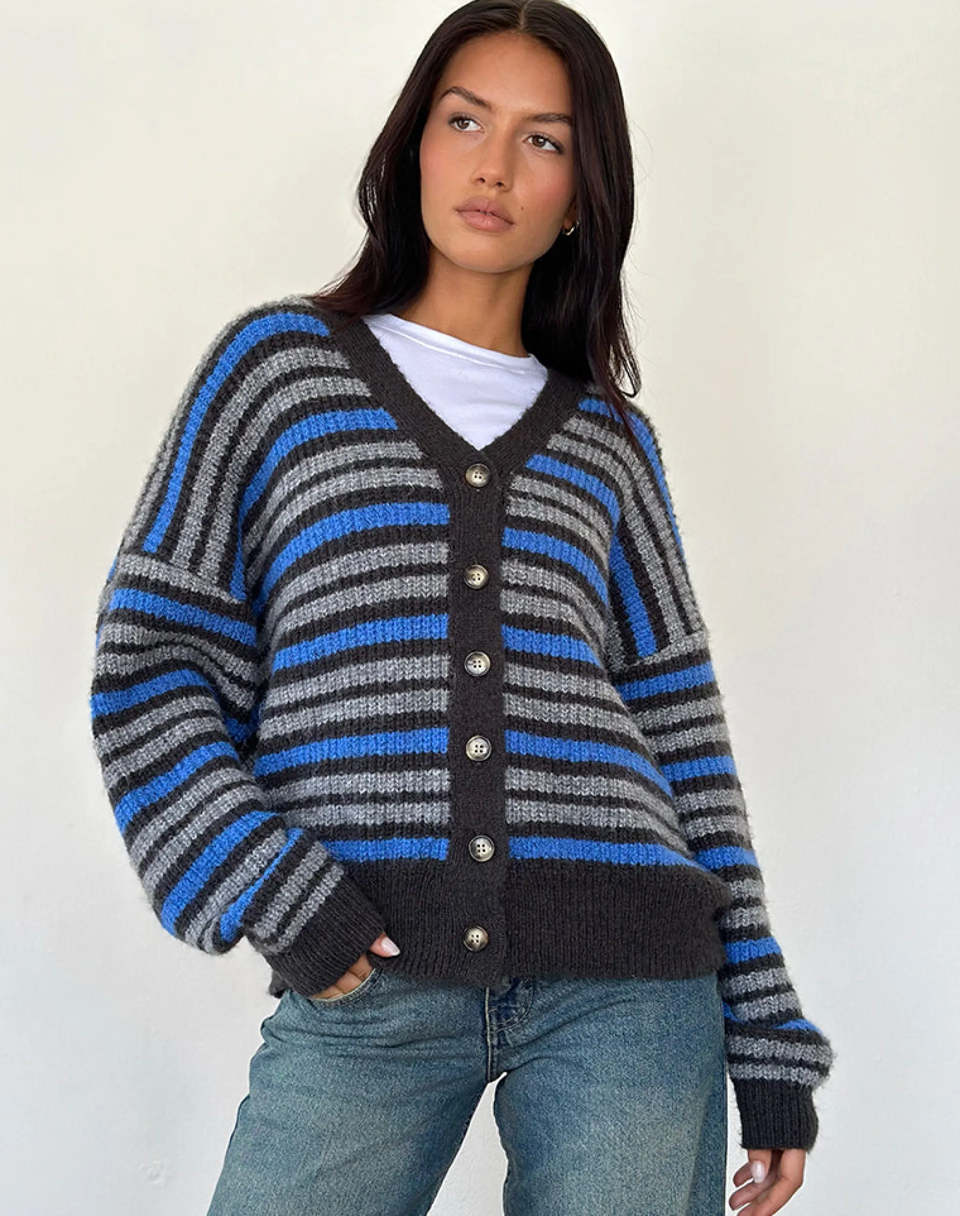 Motel Rocks Cardigans-Uriela Cardigan in Light Grey and Blue Grey Stripe LightGreyandBlueGreyStripe
