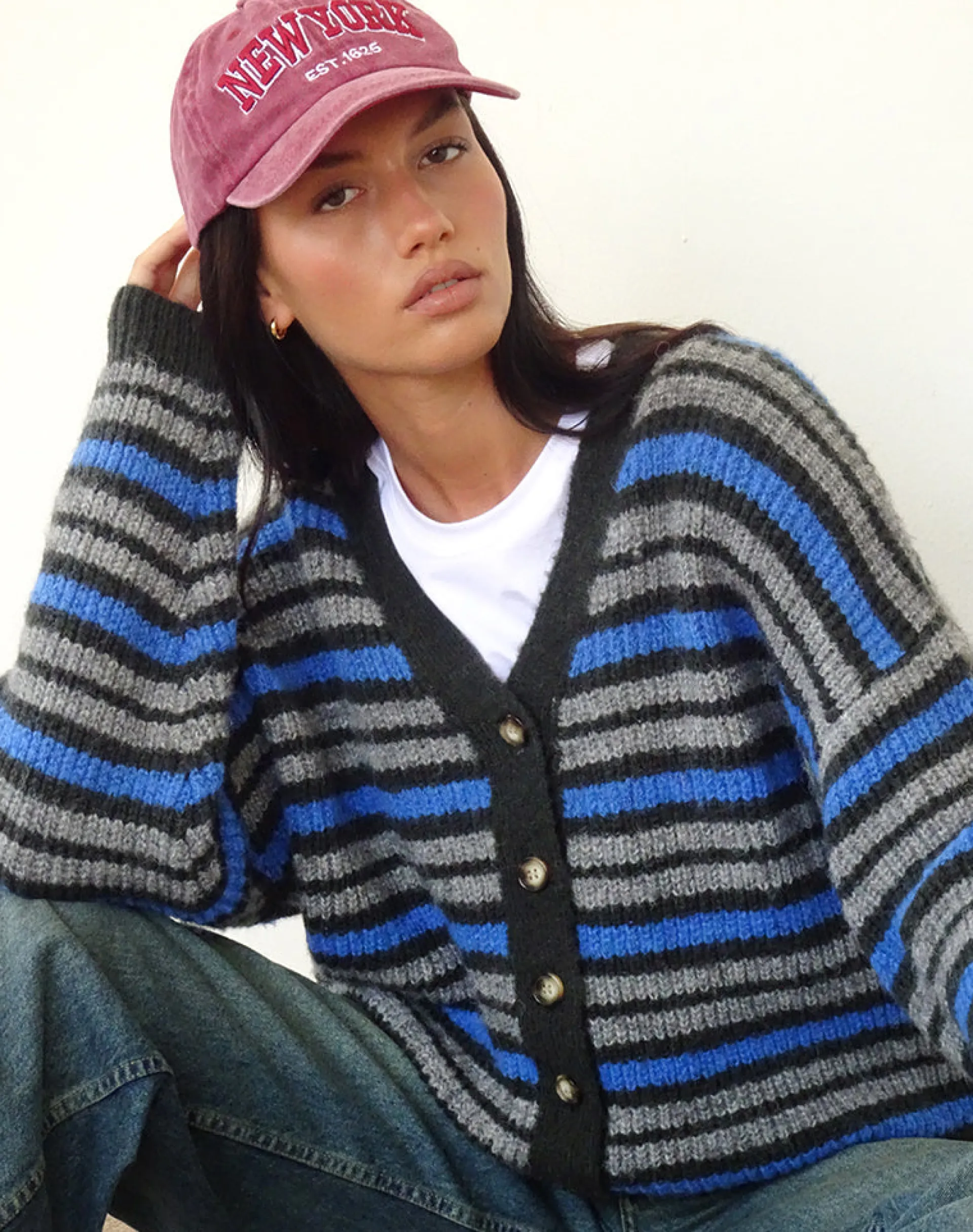 Motel Rocks Cardigans-Uriela Cardigan in Light Grey and Blue Grey Stripe LightGreyandBlueGreyStripe