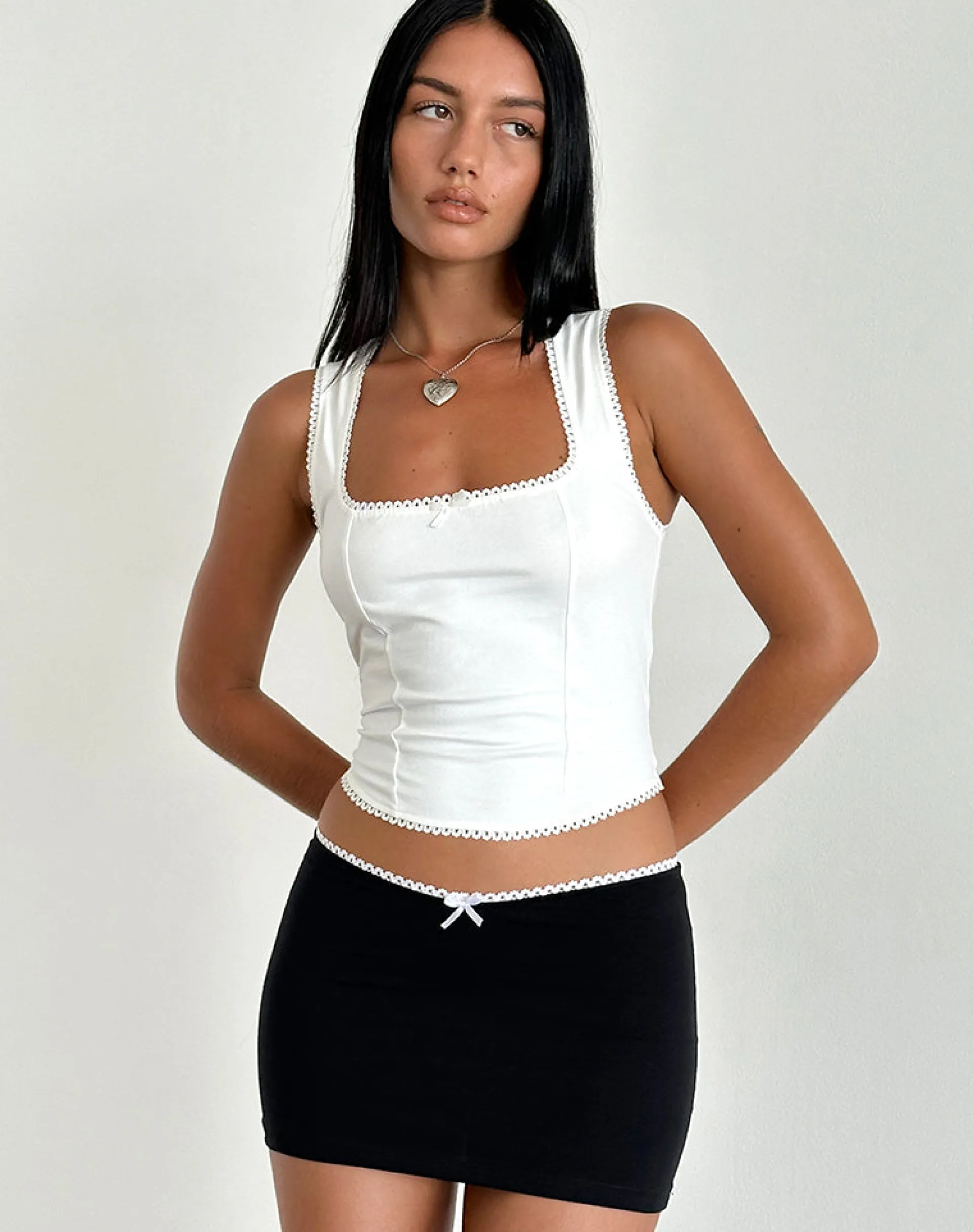 Motel Rocks Mini Skirts-Vadia Mini Skirt in Black with White Picot Trim and Bow