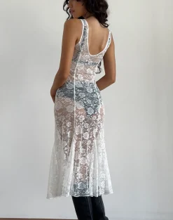 Motel Rocks Day Dresses | Party Dresses-Valea Unlined Midi Dress in Ivory Big Rose Lace
