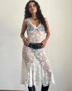 Motel Rocks Day Dresses | Party Dresses-Valea Unlined Midi Dress in Ivory Big Rose Lace