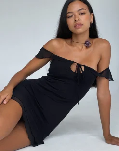 Motel Rocks Little Black Dresses | Party Dresses-Valory Bardot Mini Dress in Mesh black