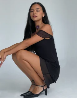 Motel Rocks Little Black Dresses | Party Dresses-Valory Bardot Mini Dress in Mesh black