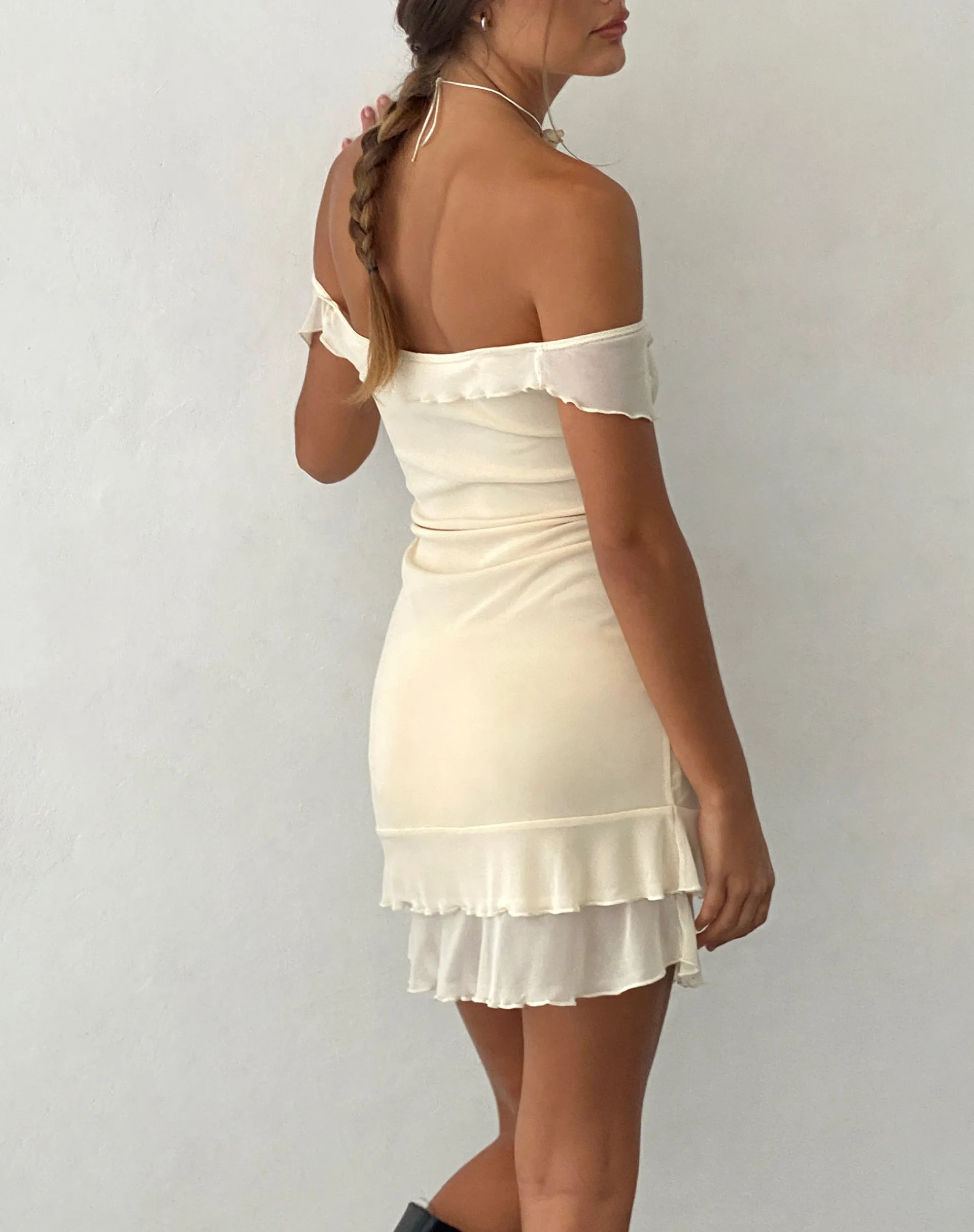 Motel Rocks Party Dresses | Mini Dresses-Valory Bardot Mini Dress in Mesh ivory
