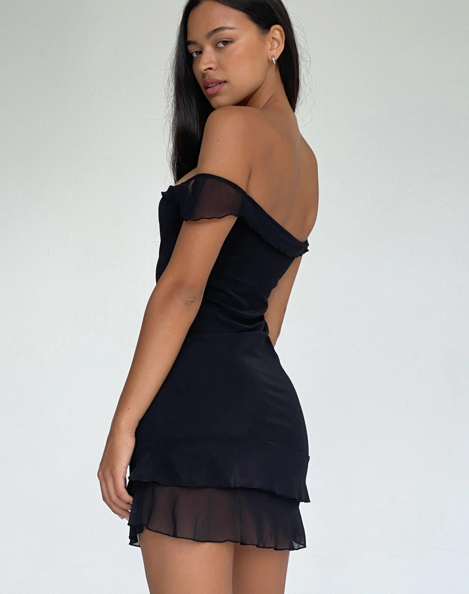Motel Rocks Little Black Dresses | Party Dresses-Valory Bardot Mini Dress in Mesh black