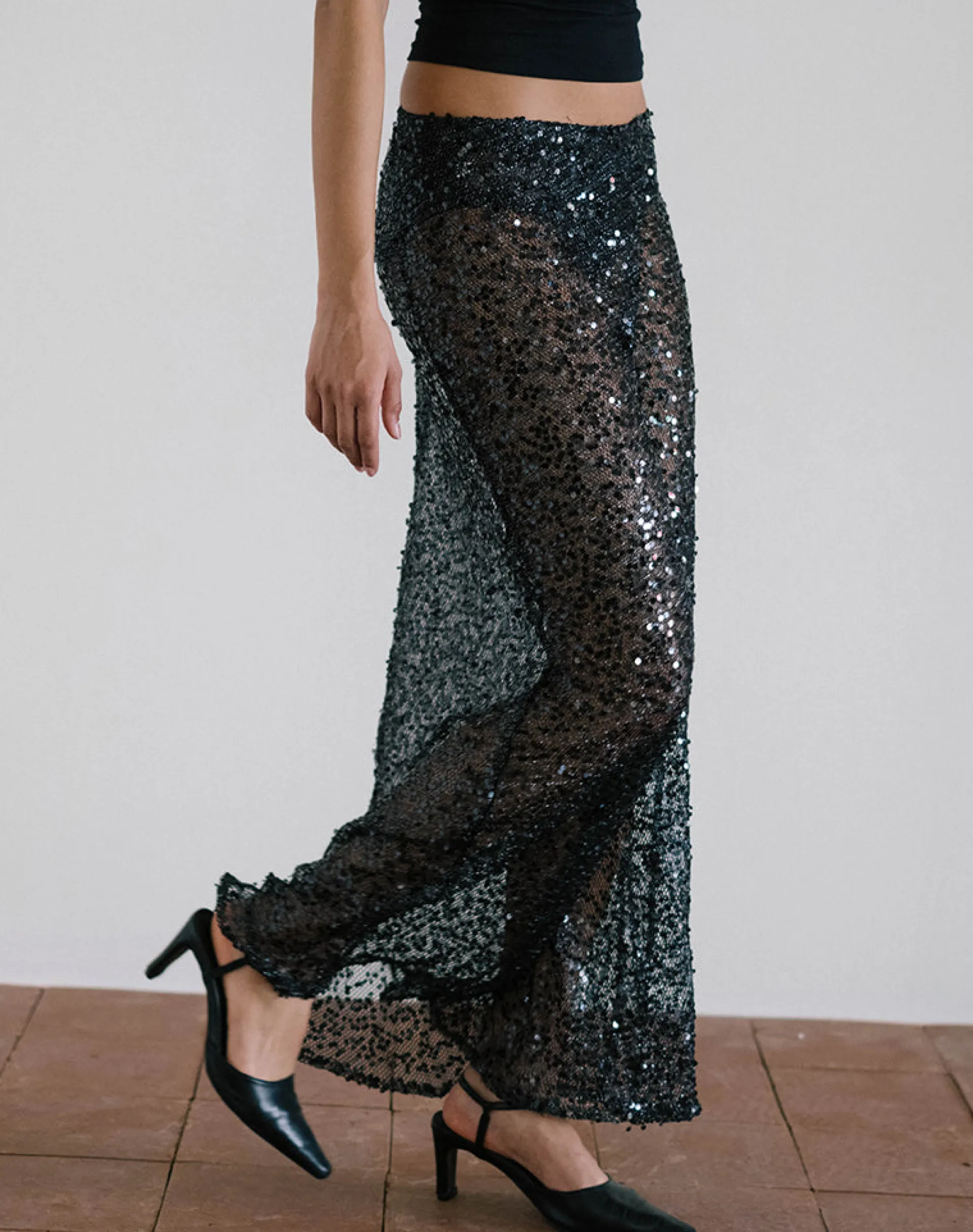 Motel Rocks Co-Ords | Maxi Skirts-Vanessa Maxi Skirt in Sequin Mesh Black