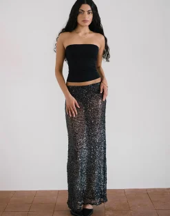 Motel Rocks Co-Ords | Maxi Skirts-Vanessa Maxi Skirt in Sequin Mesh Black