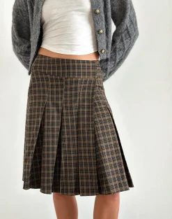 Motel Rocks Tailoring | Pleated Skirts-Vanka Midi Skirt in Dark Brown Check