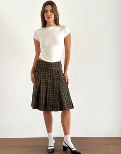 Motel Rocks Tailoring | Pleated Skirts-Vanka Midi Skirt in Dark Brown Check