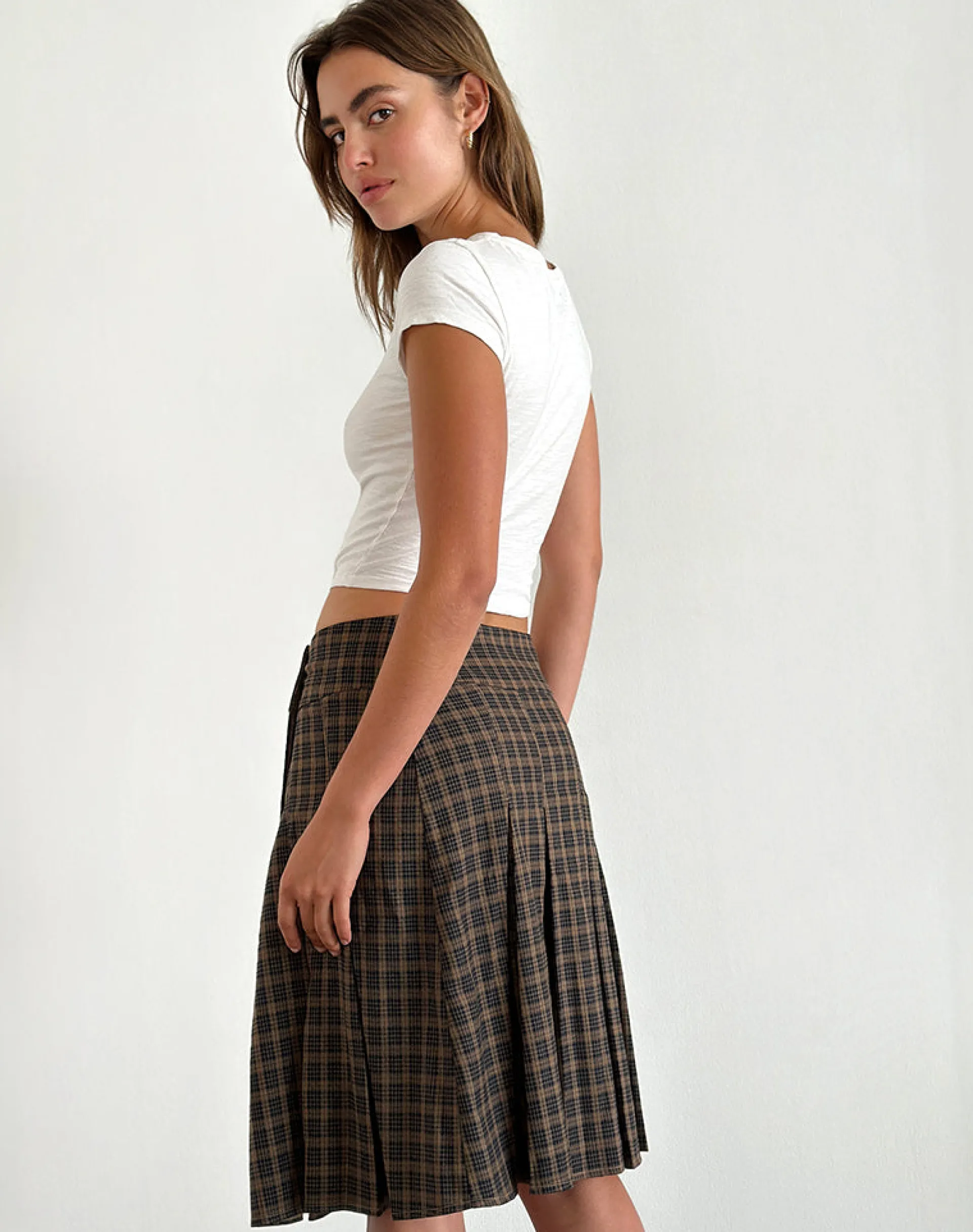 Motel Rocks Tailoring | Pleated Skirts-Vanka Midi Skirt in Dark Brown Check