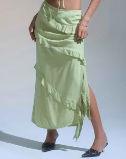 Motel Rocks Maxi Skirts-Varena Low Rise Ruffle Maxi Skirt in Mint Sage