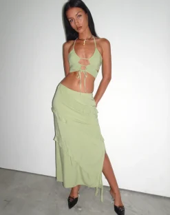 Motel Rocks Maxi Skirts-Varena Low Rise Ruffle Maxi Skirt in Mint Sage