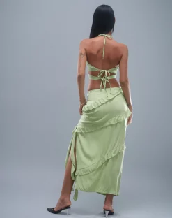 Motel Rocks Maxi Skirts-Varena Low Rise Ruffle Maxi Skirt in Mint Sage