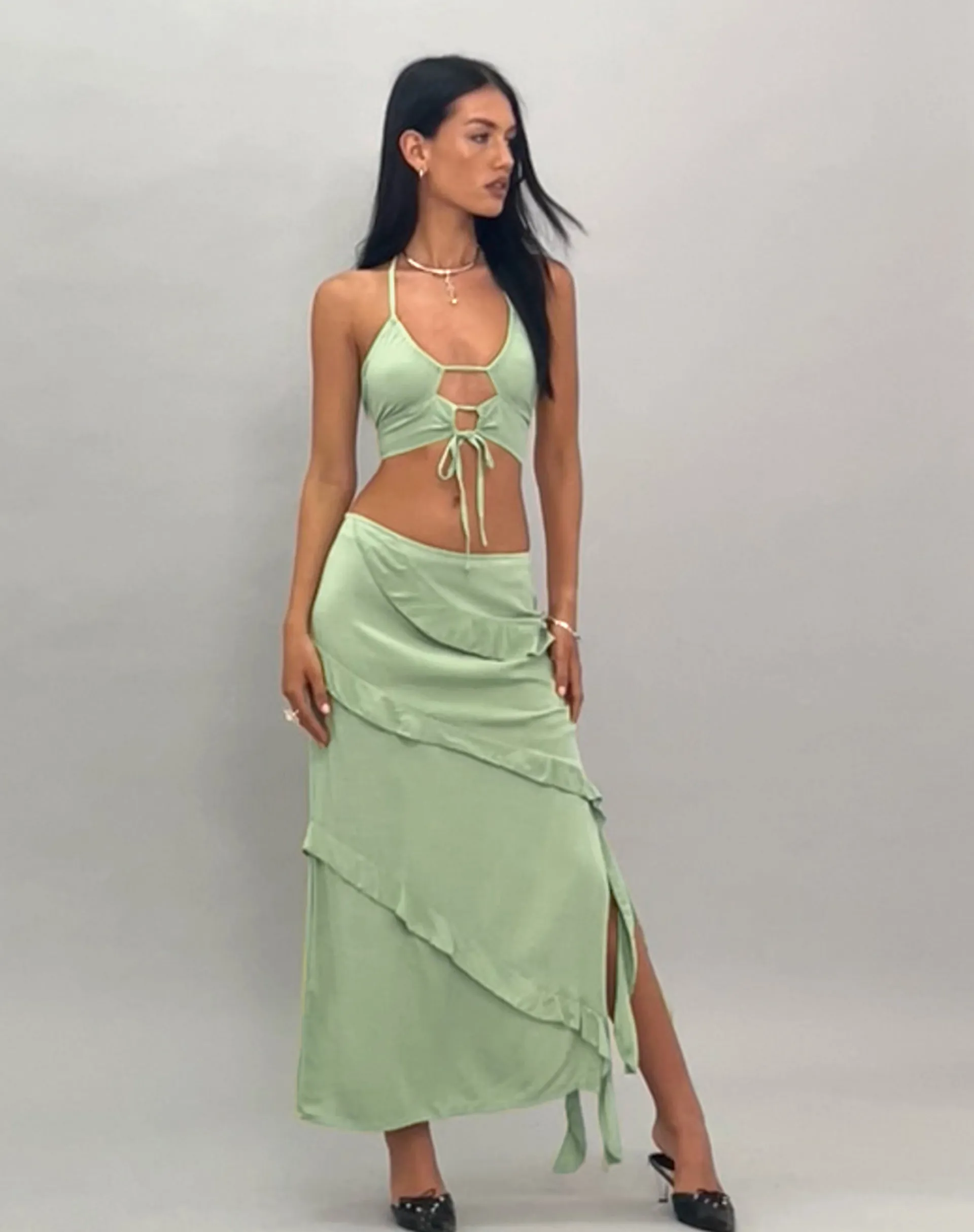 Motel Rocks Maxi Skirts-Varena Low Rise Ruffle Maxi Skirt in Mint Sage