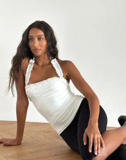 Motel Rocks Basic Tops | Halterneck Tops-Veda Ruched Halterneck Top in Slinky White