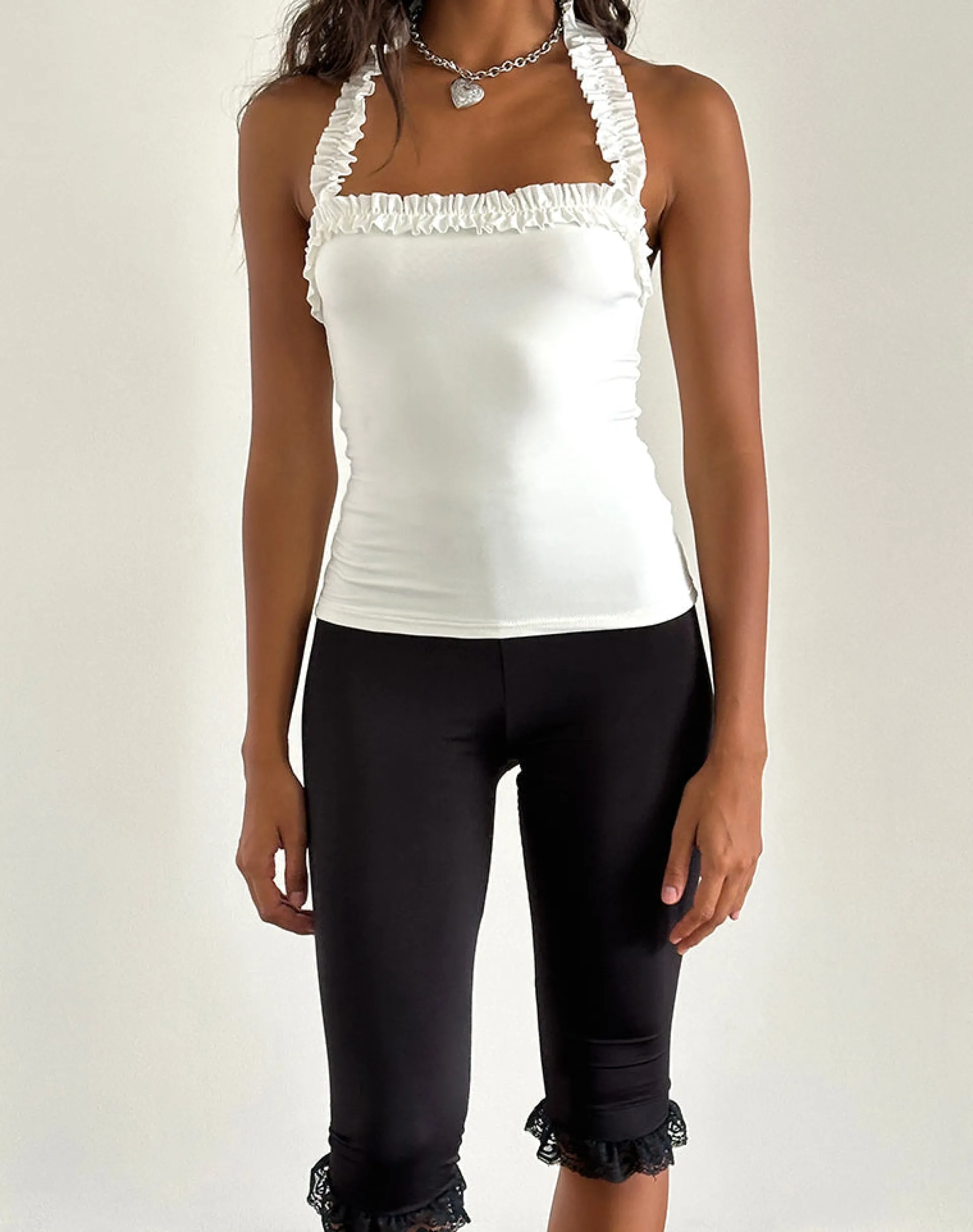 Motel Rocks Basic Tops | Halterneck Tops-Veda Ruched Halterneck Top in Slinky White