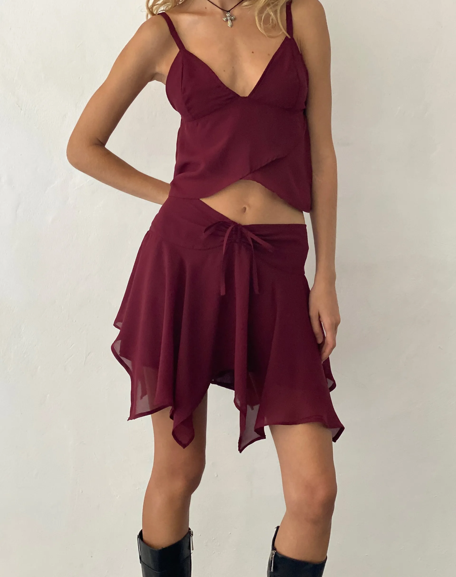 Motel Rocks Mini Skirts-Veny Mini Skirt in Chiffon Oxblood