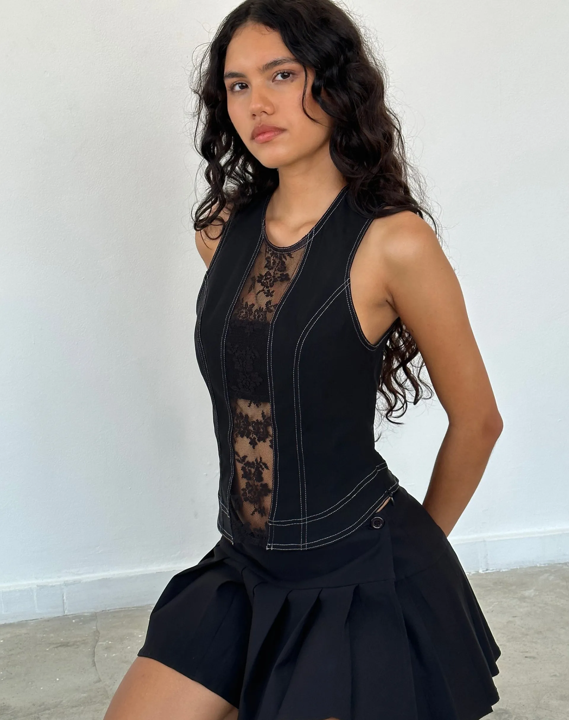 Motel Rocks Vest Tops-Verbena Lace Panel Top in Black Tailoring