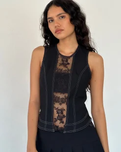 Motel Rocks Vest Tops-Verbena Lace Panel Top in Black Tailoring