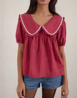 Motel Rocks Tailoring | Shirts And Blouses-Viana Blouse in Adrenaline Red with White Trim