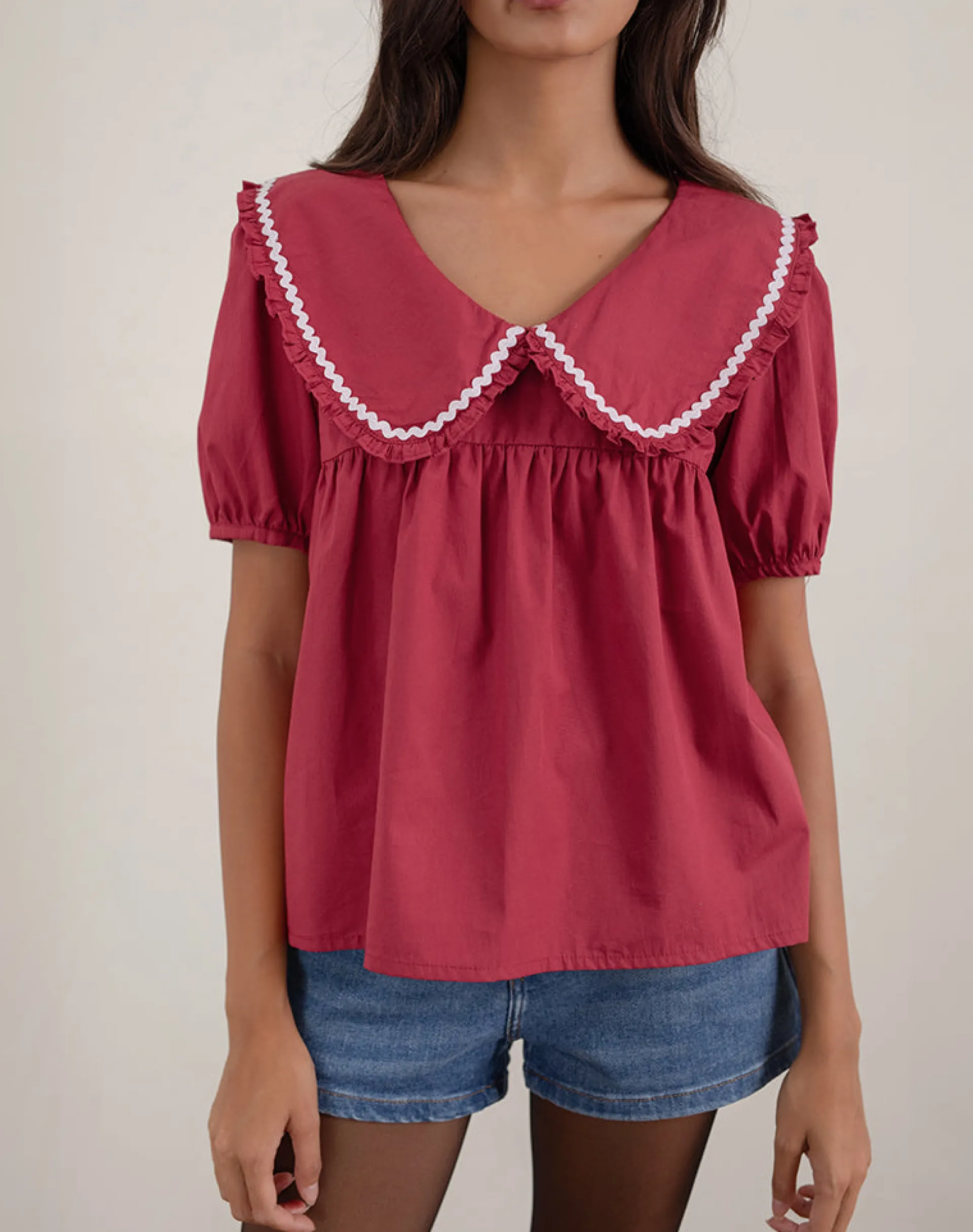 Motel Rocks Tailoring | Shirts And Blouses-Viana Blouse in Adrenaline Red with White Trim