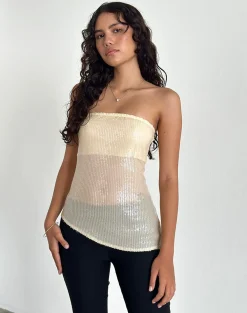 Motel Rocks Bandeau Tops | Sequin Tops-Viksuni Bandeau Top in Nude Clear Tinted Disc