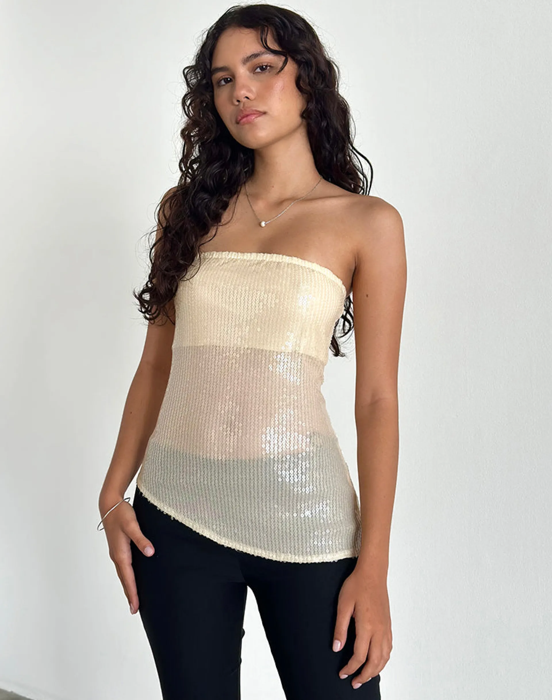 Motel Rocks Bandeau Tops | Sequin Tops-Viksuni Bandeau Top in Nude Clear Tinted Disc